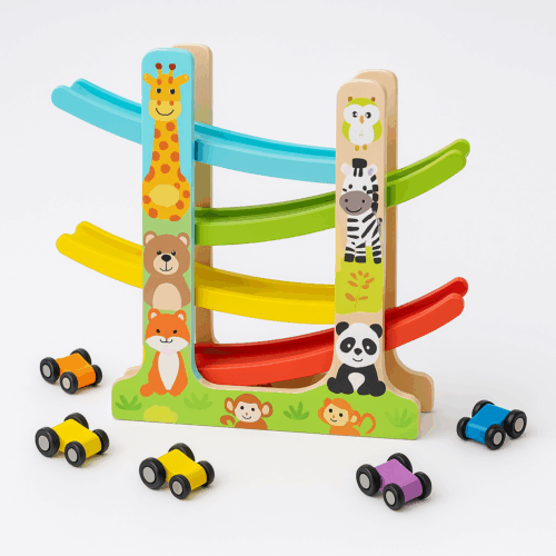 Houten auto rollerbaan met 6 autos - Afbeelding 3
