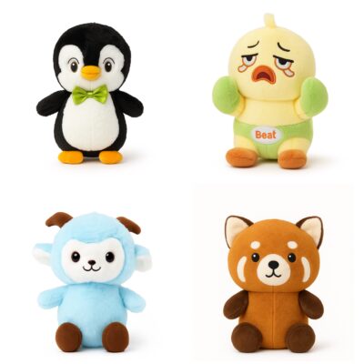 Schattige, zachte knuffelset met 4 dieren (schaap, pinguïn, panda en eend)