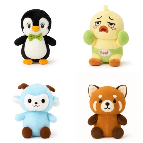 Schattige fluffy Knuffelset van 4 Dieren (Schaap, Pinguin, Panda en Eend)