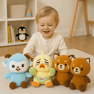 Schattige, zachte knuffelset met 4 dieren (schaap, pinguïn, panda en eend) - Afbeelding 2
