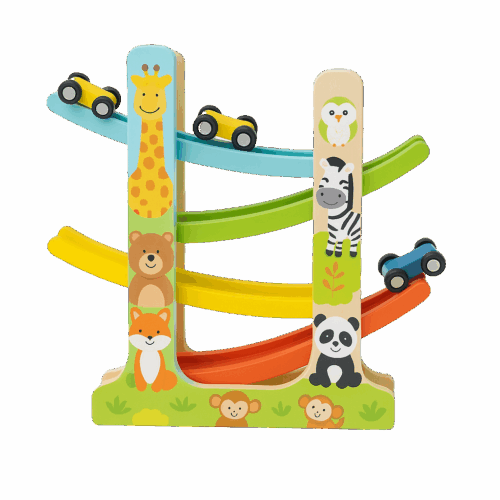 Houten auto rollerbaan met 6 autos