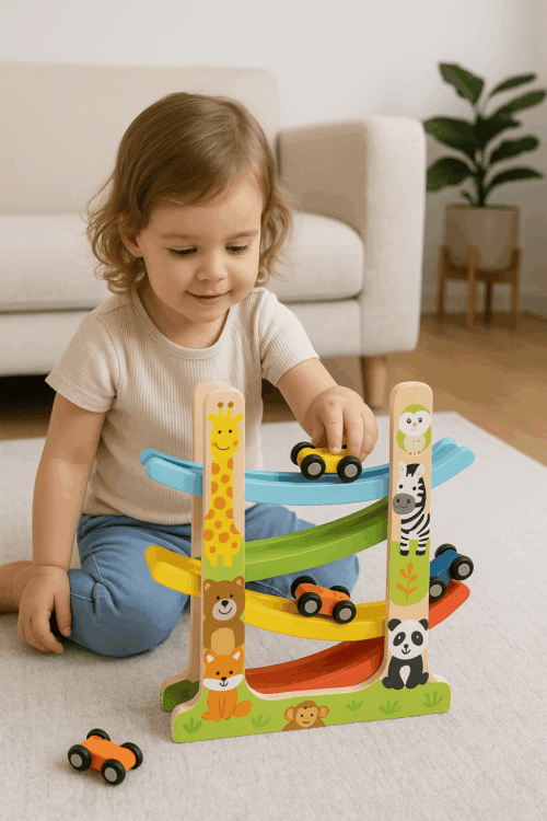 Houten auto rollerbaan met 6 autos - Afbeelding 5