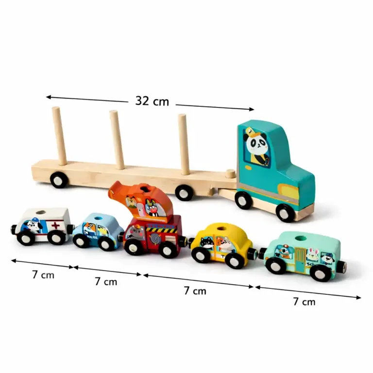 Houten Autotransporter met 7 Voertuigen